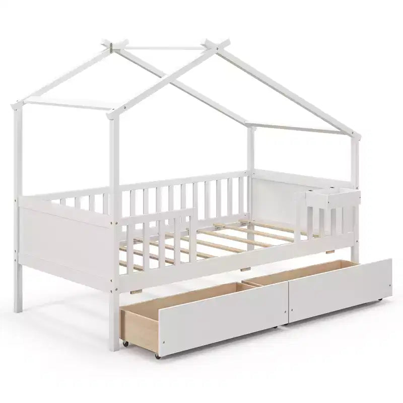 Costway Twin House Bed w/ 2 Storage Drawers Roof & Fence Rails Headboard & Footboard