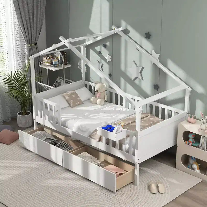 Twin House Bed with 2 Storage Drawers, Roof, Fence Rails, Headboard and Footboard