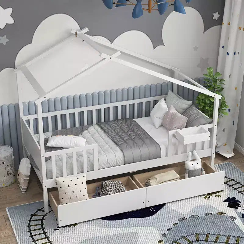 Twin House Bed with 2 Storage Drawers, Roof, Fence Rails, Headboard and Footboard