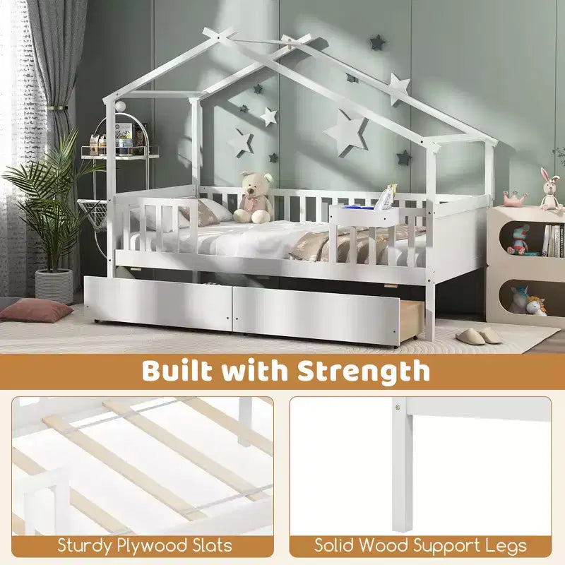 Twin House Bed with 2 Storage Drawers, Roof, Fence Rails, Headboard and Footboard