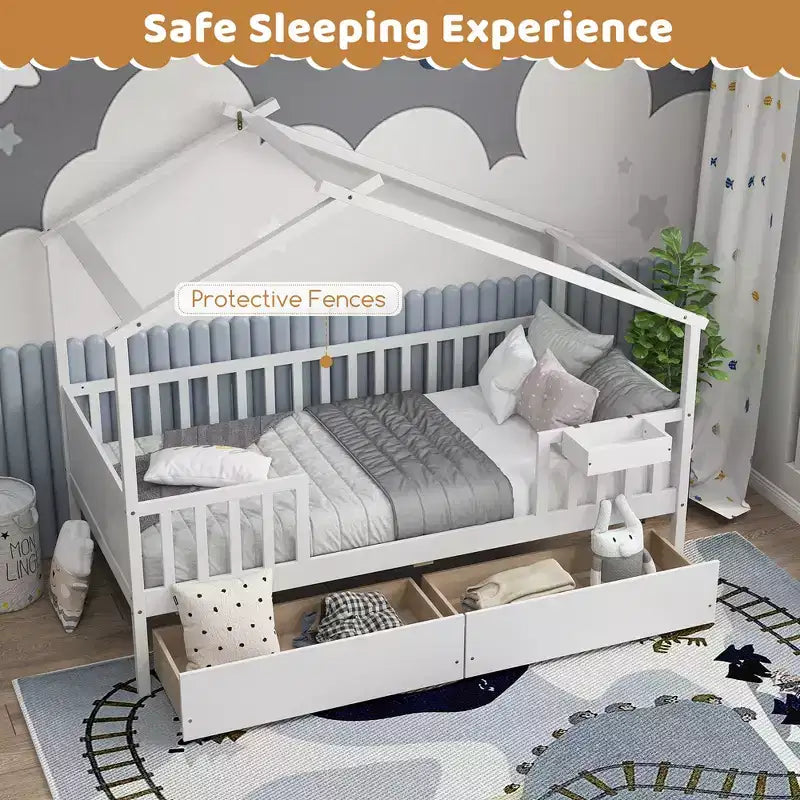 Twin House Bed with 2 Storage Drawers, Roof, Fence Rails, Headboard and Footboard