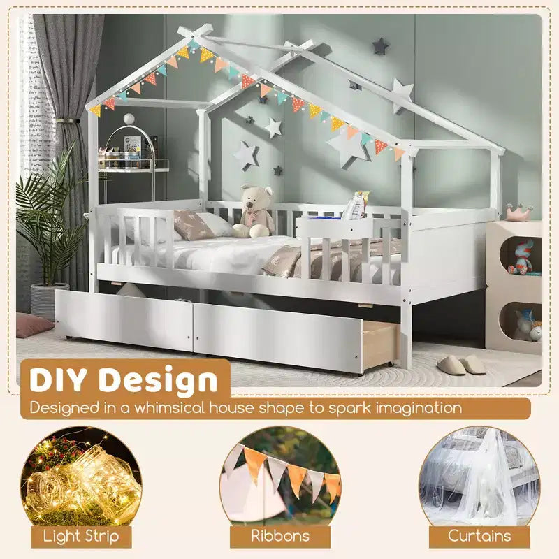 Twin House Bed with 2 Storage Drawers, Roof, Fence Rails, Headboard and Footboard