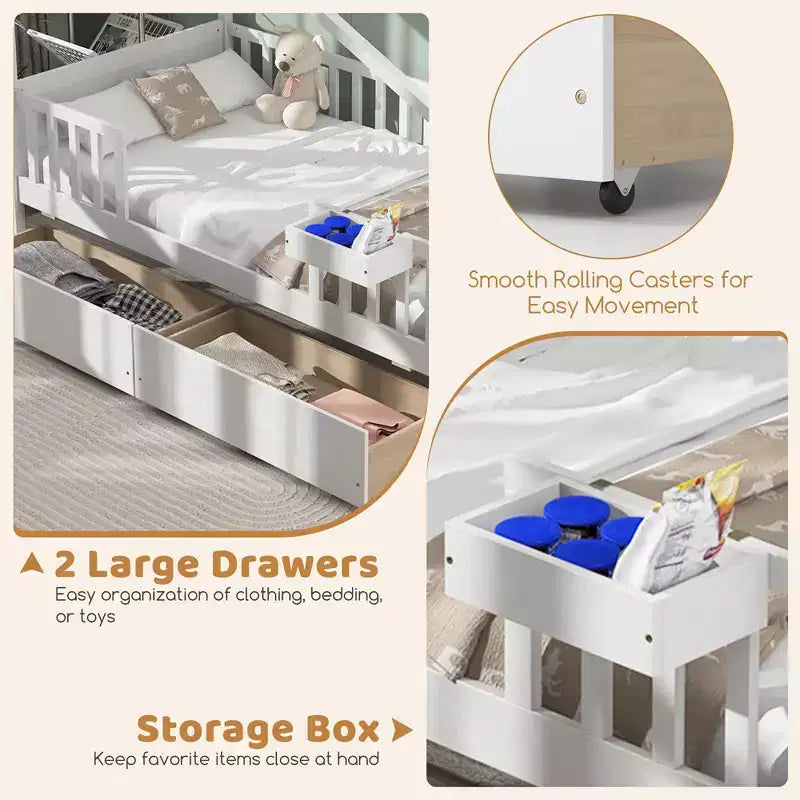 Twin House Bed with 2 Storage Drawers, Roof, Fence Rails, Headboard and Footboard