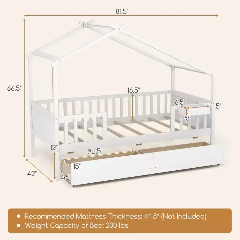 Twin House Bed with 2 Storage Drawers, Roof, Fence Rails, Headboard and Footboard