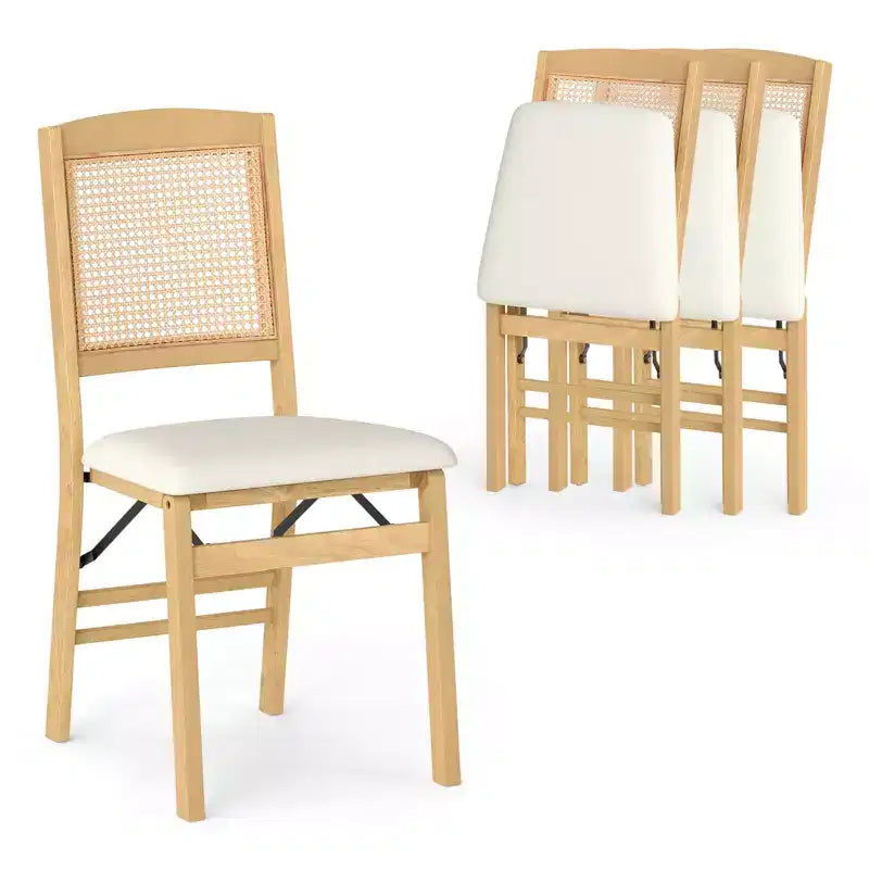 Folding Dining Chairs Set of 4 with Linen Padded Seat and Rattan Backrest