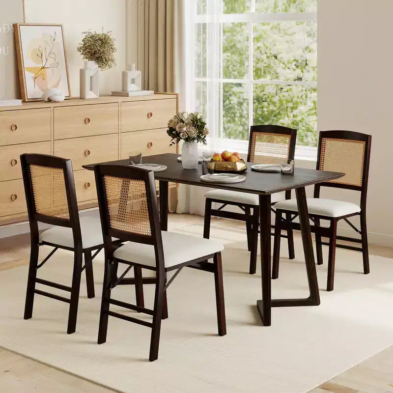 Folding Dining Chairs Set of 4 with Linen Padded Seat and Rattan Backrest