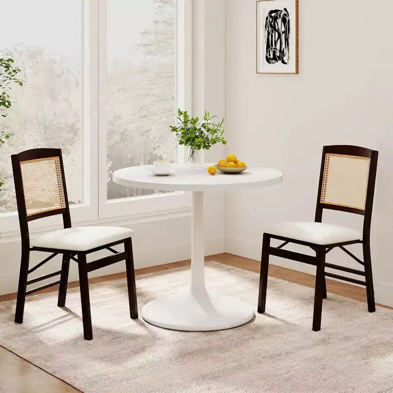 Folding Dining Chairs Set of 4 with Linen Padded Seat and Rattan Backrest