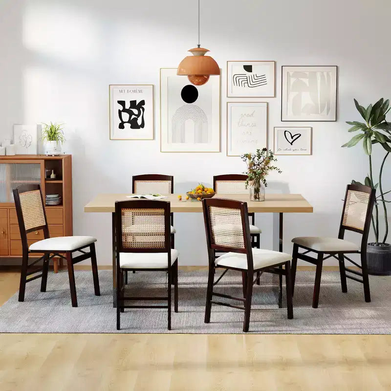 Folding Dining Chairs Set of 4 with Linen Padded Seat and Rattan Backrest