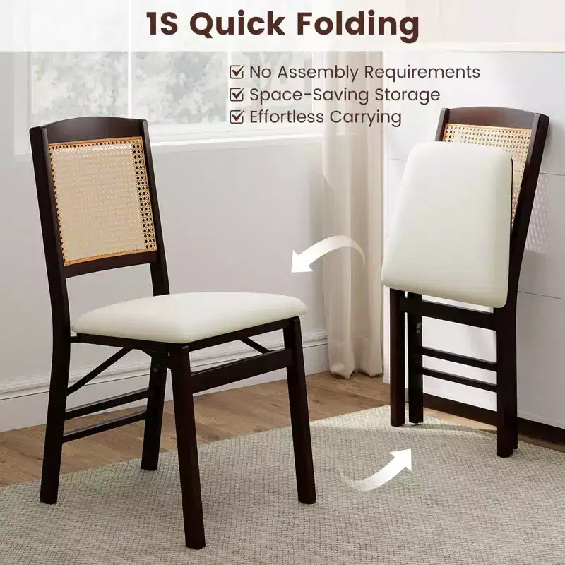 Folding Dining Chairs Set of 4 with Linen Padded Seat and Rattan Backrest
