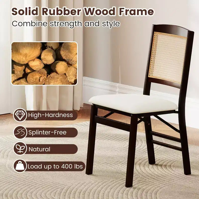 Folding Dining Chairs Set of 4 with Linen Padded Seat and Rattan Backrest
