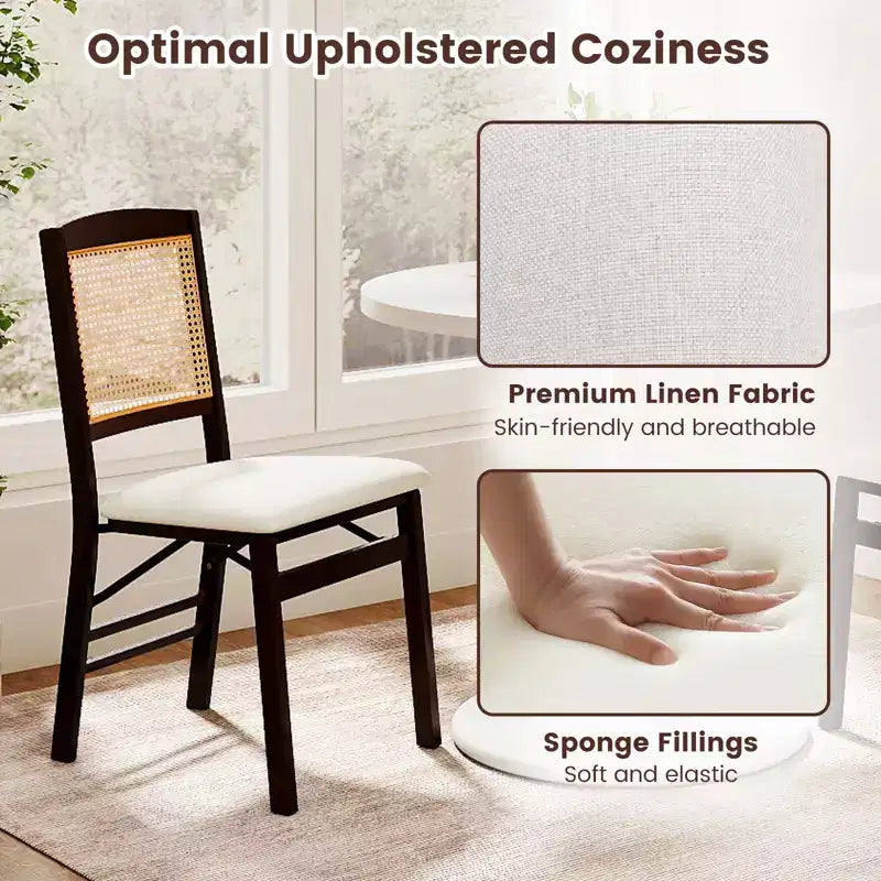 Folding Dining Chairs Set of 4 with Linen Padded Seat and Rattan Backrest