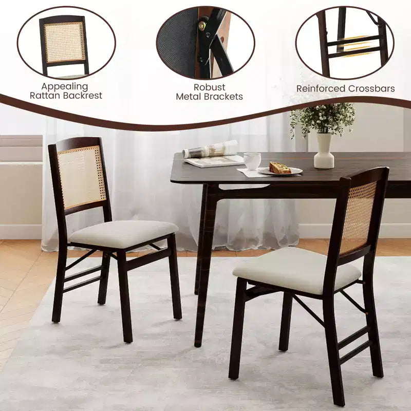 Folding Dining Chairs Set of 4 with Linen Padded Seat and Rattan Backrest