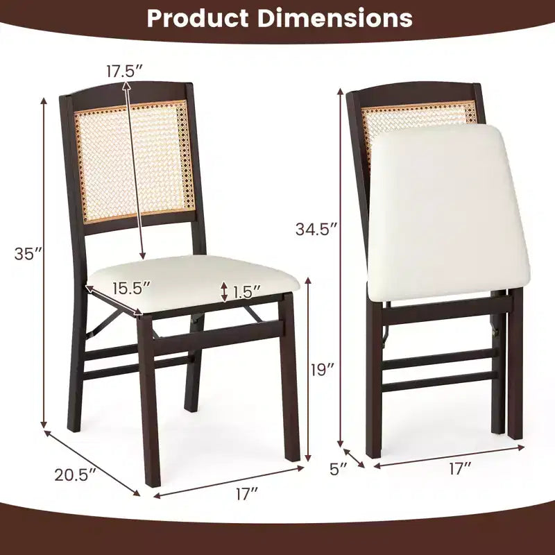 Folding Dining Chairs Set of 4 with Linen Padded Seat and Rattan Backrest