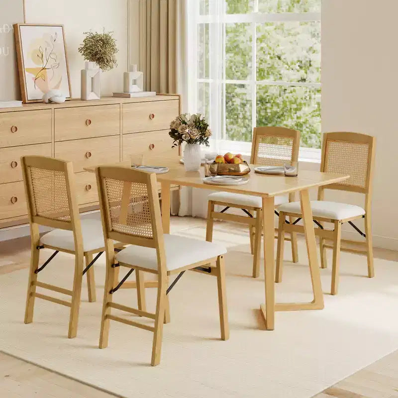 Folding Dining Chairs Set of 4 with Linen Padded Seat and Rattan Backrest