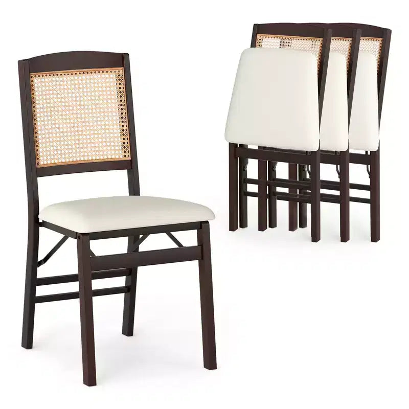 Folding Dining Chairs Set of 4 with Linen Padded Seat and Rattan Backrest