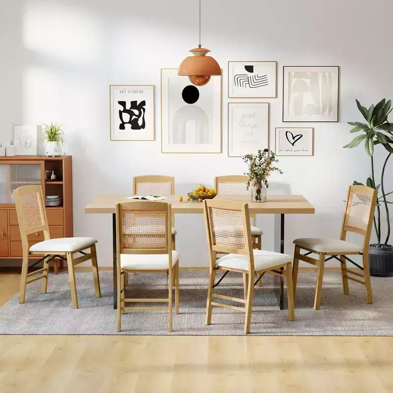 Folding Dining Chairs Set of 4 with Linen Padded Seat and Rattan Backrest