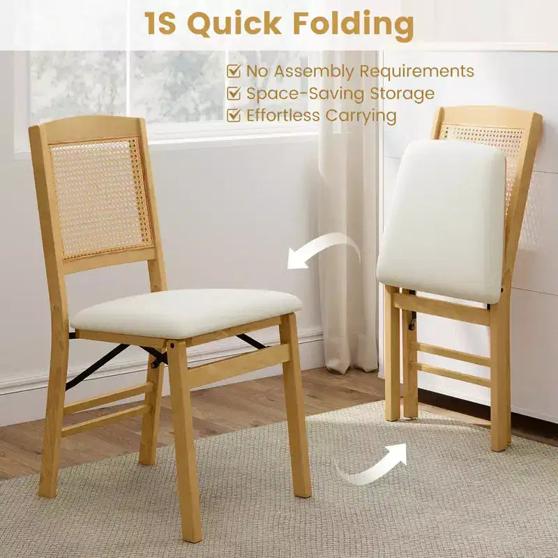 Folding Dining Chairs Set of 4 with Linen Padded Seat and Rattan Backrest