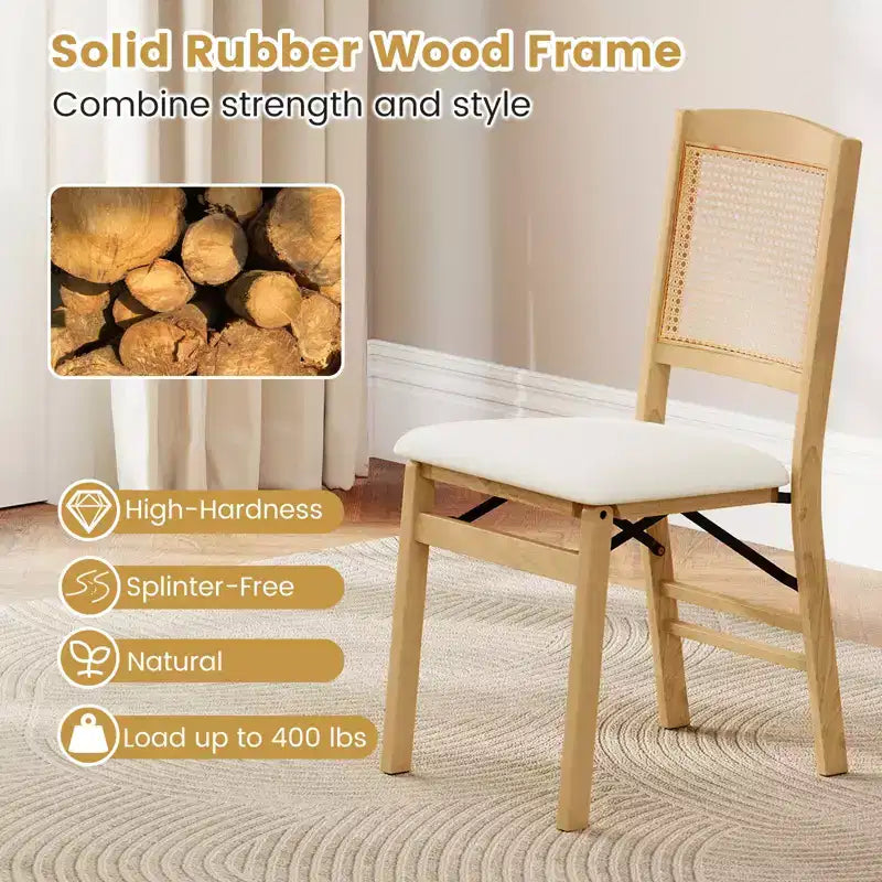 Folding Dining Chairs Set of 4 with Linen Padded Seat and Rattan Backrest