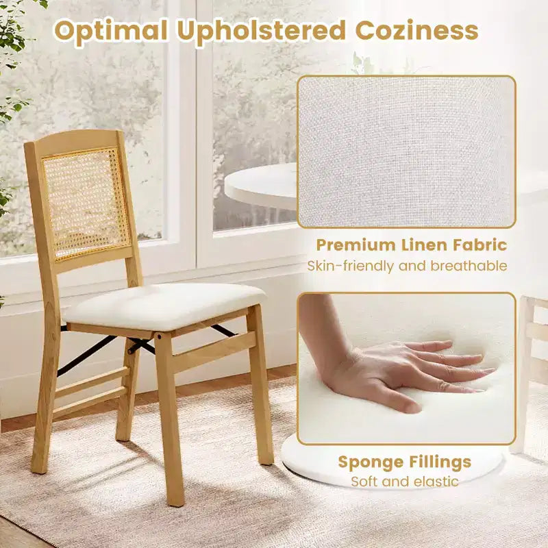 Folding Dining Chairs Set of 4 with Linen Padded Seat and Rattan Backrest