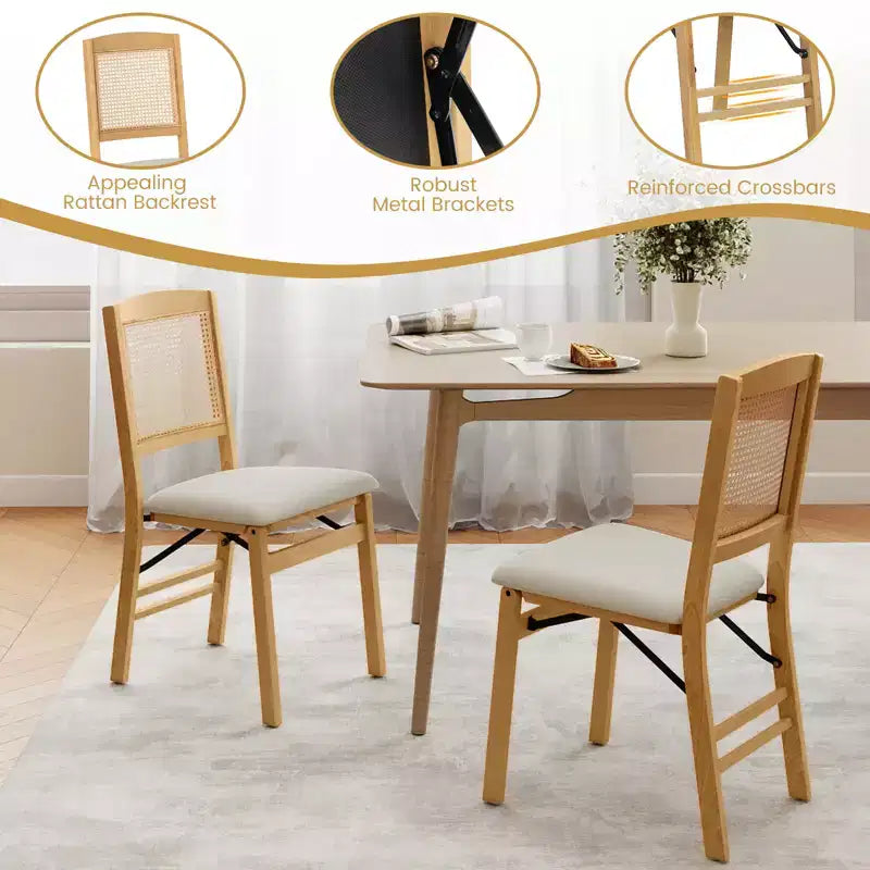 Folding Dining Chairs Set of 4 with Linen Padded Seat and Rattan Backrest