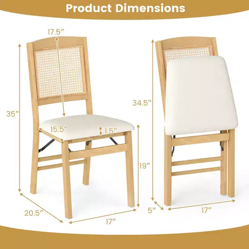 Folding Dining Chairs Set of 4 with Linen Padded Seat and Rattan Backrest