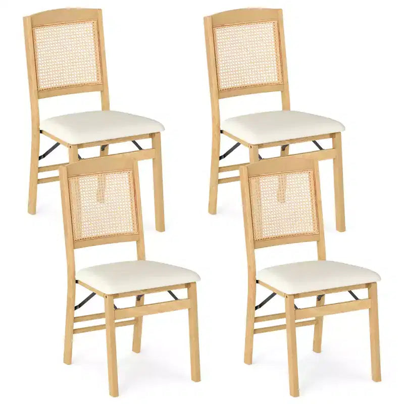 Costway Folding Dining Chairs Set of 4 w/Linen Padded Seat & Rattan Backrest for Kitchen