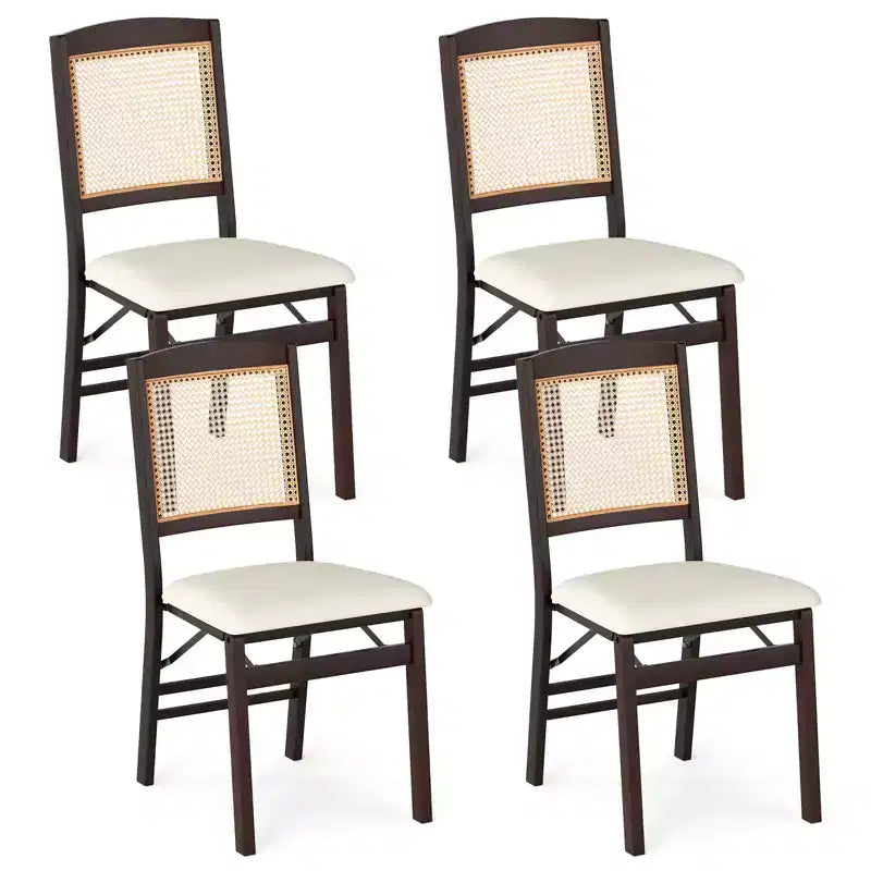 Folding Dining Chairs Set of 4 with Linen Padded Seat and Rattan Backrest