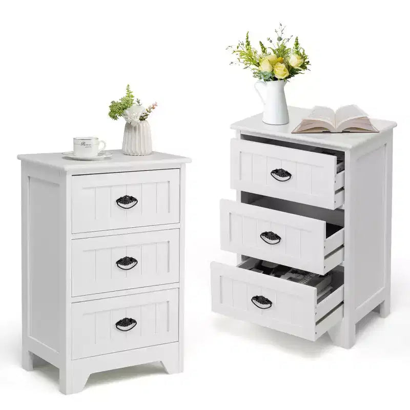 Costway 2 PCS 3 Drawers Nightstand End Table Bedroom Storage Wood Side Bedside White