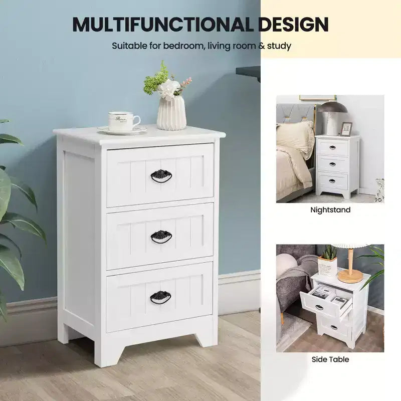 Set of 2 Nightstands with 3 Drawers, Wood Bedside End Table, White