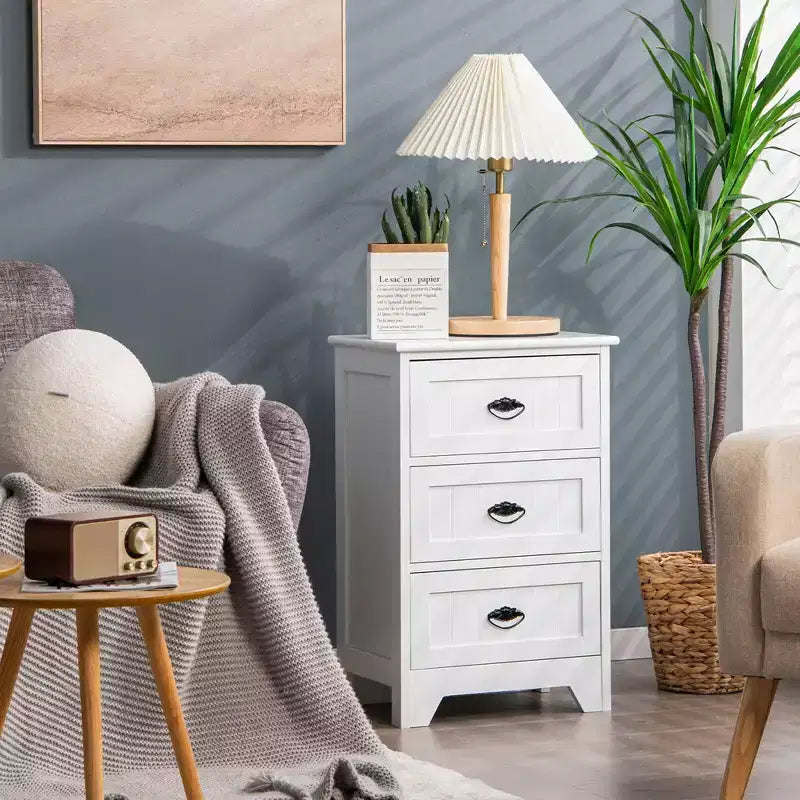 Set of 2 Nightstands with 3 Drawers, Wood Bedside End Table, White