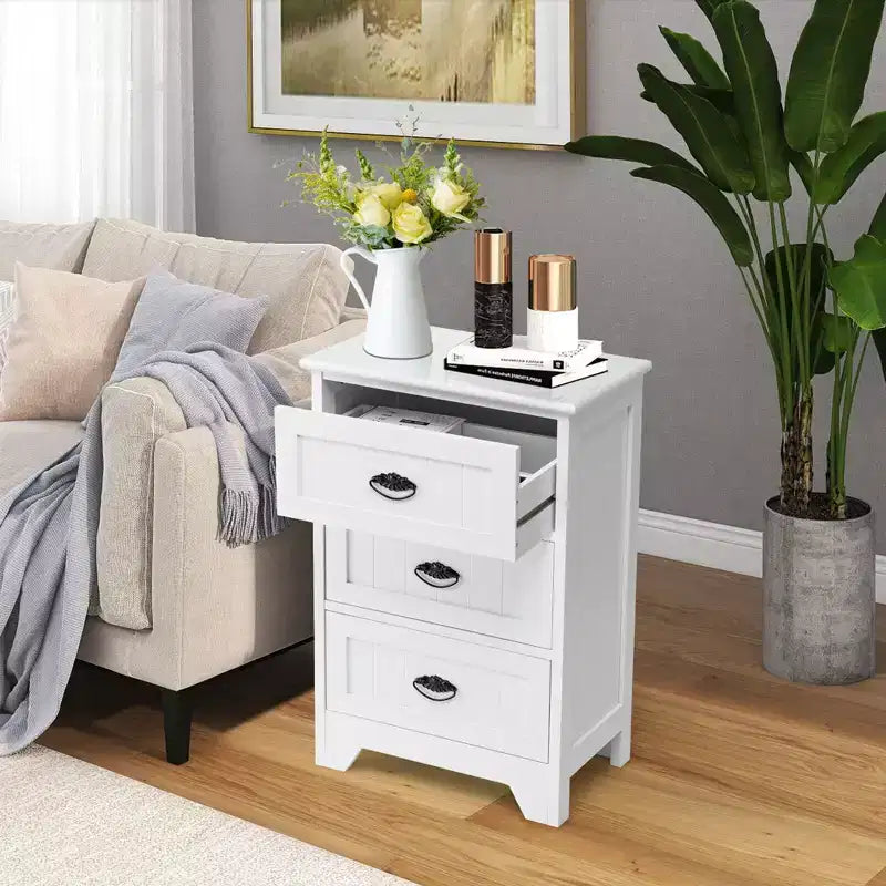Set of 2 Nightstands with 3 Drawers, Wood Bedside End Table, White