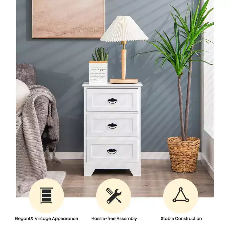 Set of 2 Nightstands with 3 Drawers, Wood Bedside End Table, White