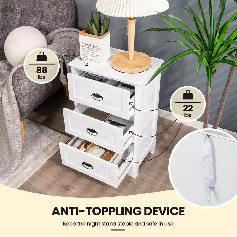 Set of 2 Nightstands with 3 Drawers, Wood Bedside End Table, White