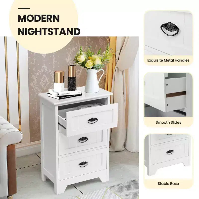 Set of 2 Nightstands with 3 Drawers, Wood Bedside End Table, White