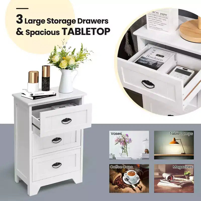 Set of 2 Nightstands with 3 Drawers, Wood Bedside End Table, White