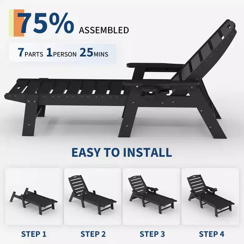 Oversized Adjustable Patio Lounge Chair with Wheels and Cup Holder