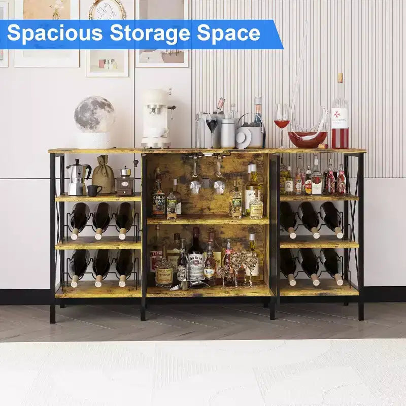 55 Inch Farmhouse Wine Bar Cabinet with Metal Frame, Rustic Industrial Design with Wine Rack and Glass Holder, Multi-Purpose Storage for Living Room