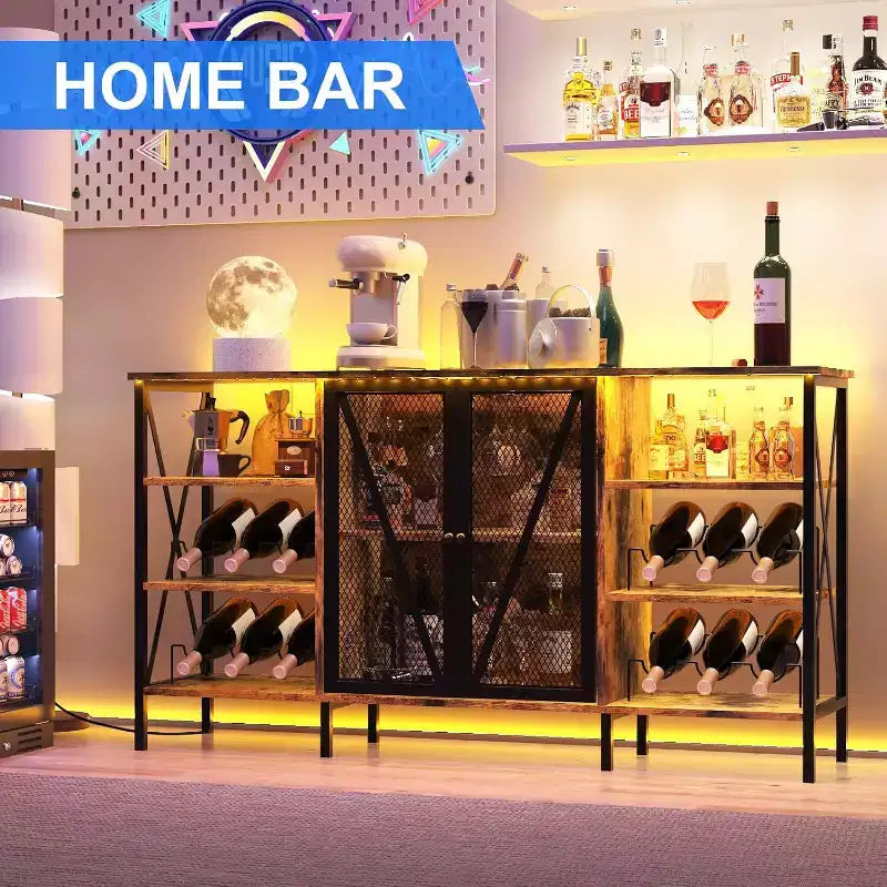 55 Inch Farmhouse Wine Bar Cabinet with Metal Frame, Rustic Industrial Design with Wine Rack and Glass Holder, Multi-Purpose Storage for Living Room