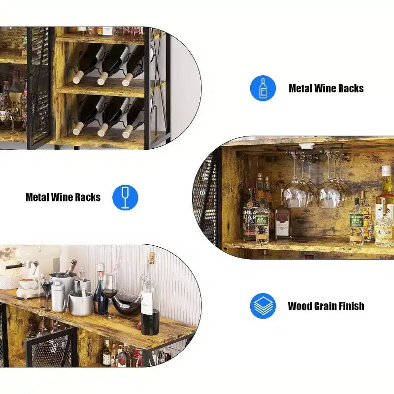 55 Inch Farmhouse Wine Bar Cabinet with Metal Frame, Rustic Industrial Design with Wine Rack and Glass Holder, Multi-Purpose Storage for Living Room