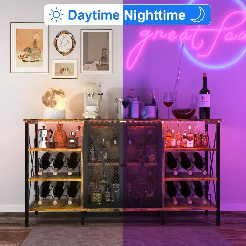 55 Inch Farmhouse Wine Bar Cabinet with Metal Frame, Rustic Industrial Design with Wine Rack and Glass Holder, Multi-Purpose Storage for Living Room