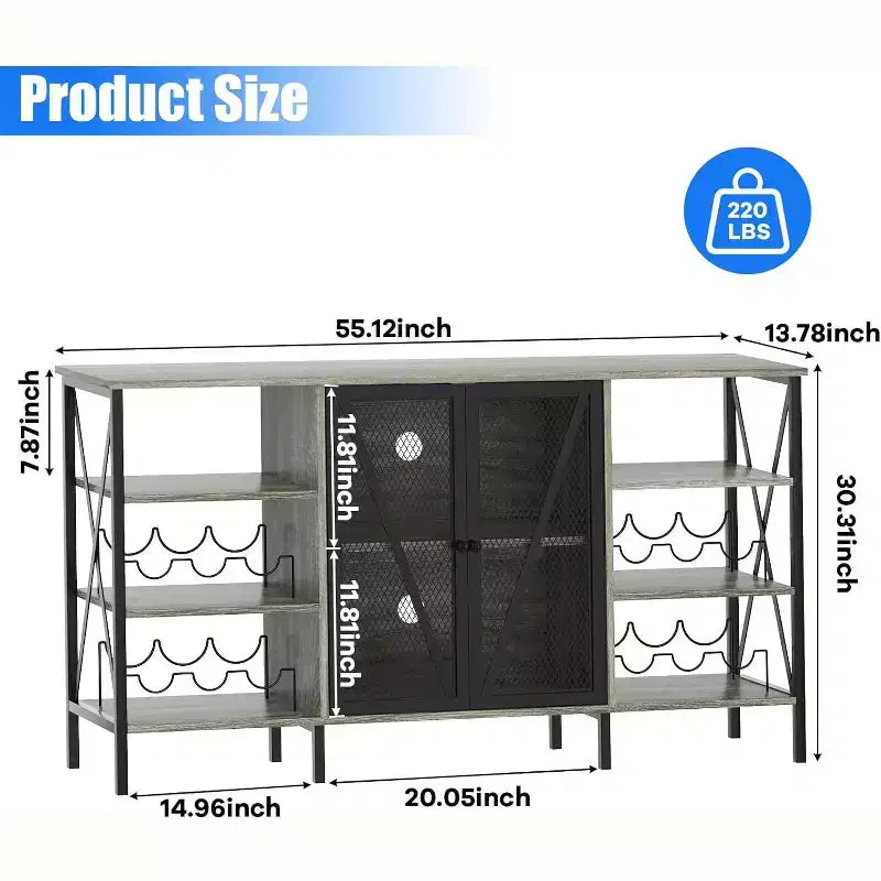 55 Inch Farmhouse Wine Bar Cabinet with Metal Frame, Rustic Industrial Design with Wine Rack and Glass Holder, Multi-Purpose Storage for Living Room