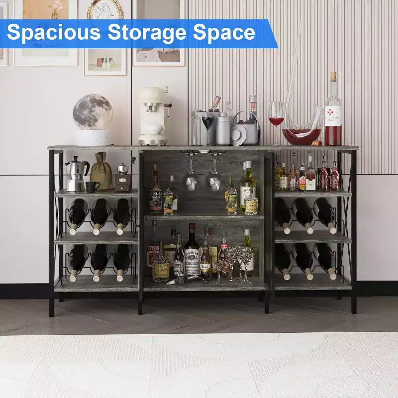 55 Inch Farmhouse Wine Bar Cabinet with Metal Frame, Rustic Industrial Design with Wine Rack and Glass Holder, Multi-Purpose Storage for Living Room
