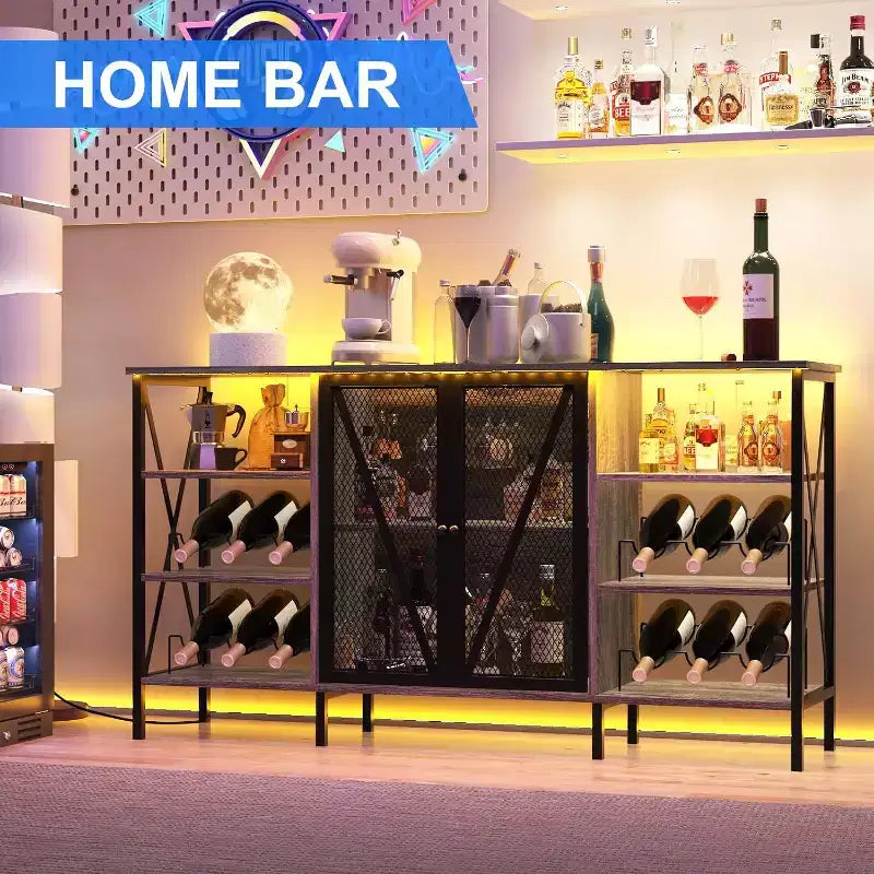 55 Inch Farmhouse Wine Bar Cabinet with Metal Frame, Rustic Industrial Design with Wine Rack and Glass Holder, Multi-Purpose Storage for Living Room