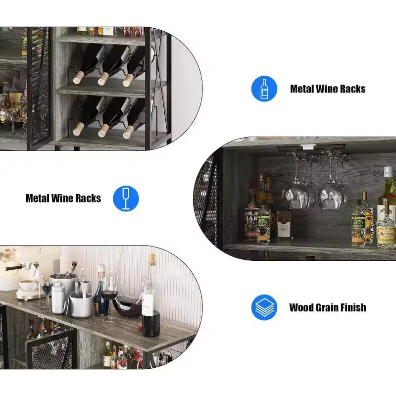 55 Inch Farmhouse Wine Bar Cabinet with Metal Frame, Rustic Industrial Design with Wine Rack and Glass Holder, Multi-Purpose Storage for Living Room