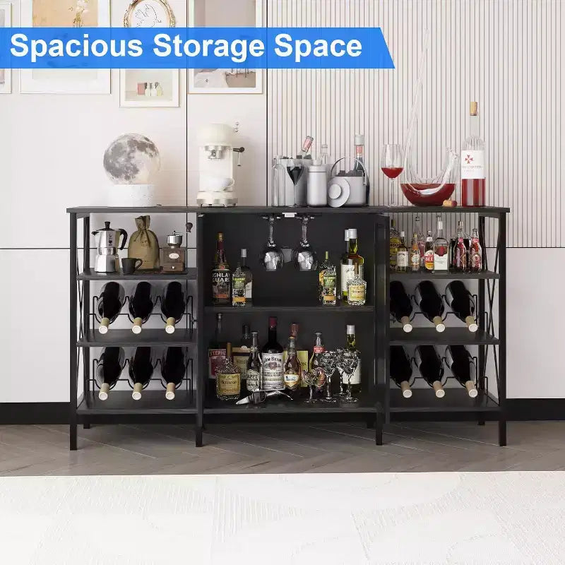 55 Inch Farmhouse Wine Bar Cabinet with Metal Frame, Rustic Industrial Design with Wine Rack and Glass Holder, Multi-Purpose Storage for Living Room
