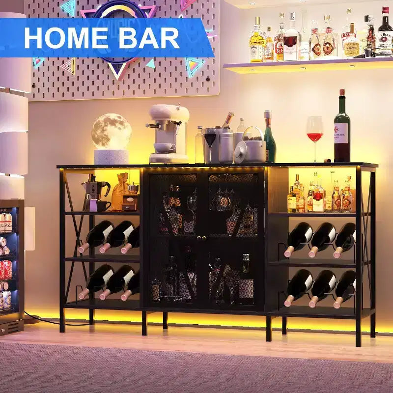55 Inch Farmhouse Wine Bar Cabinet with Metal Frame, Rustic Industrial Design with Wine Rack and Glass Holder, Multi-Purpose Storage for Living Room