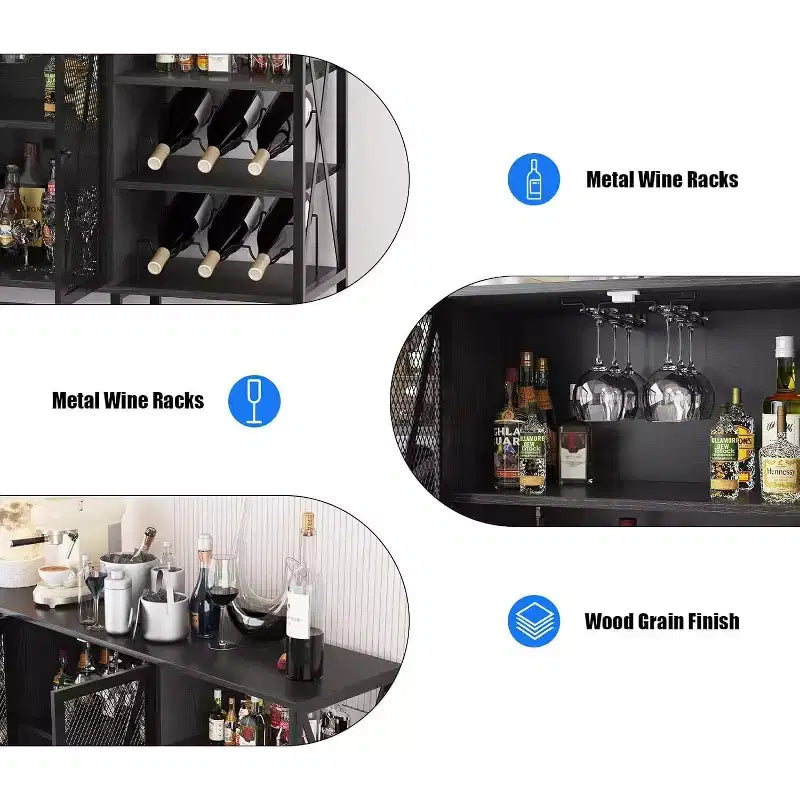 55 Inch Farmhouse Wine Bar Cabinet with Metal Frame, Rustic Industrial Design with Wine Rack and Glass Holder, Multi-Purpose Storage for Living Room