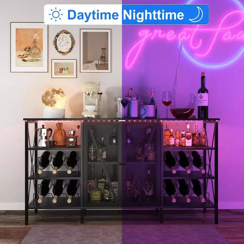 55 Inch Farmhouse Wine Bar Cabinet with Metal Frame, Rustic Industrial Design with Wine Rack and Glass Holder, Multi-Purpose Storage for Living Room