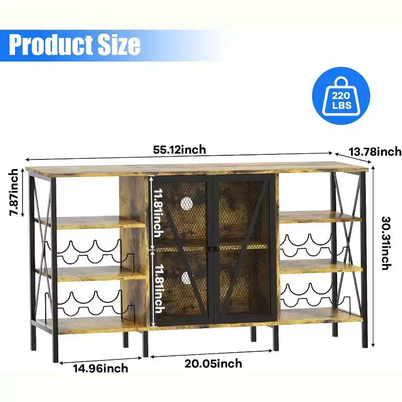 55 Inch Farmhouse Wine Bar Cabinet with Metal Frame, Rustic Industrial Design with Wine Rack and Glass Holder, Multi-Purpose Storage for Living Room