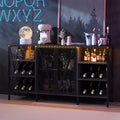 55 Inch Farmhouse Wine Bar Cabinet with Metal Frame, Rustic Industrial Design with Wine Rack and Glass Holder, Multi-Purpose Storage for Living Room